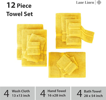 LANE LINEN Luxury Bath Towels Set - 12 Piece Set, 100% Cotton Bathroom Towels, Zero Twist Shower Towels, Extra Absorbent Bath Towel, Super Soft, 4 Bath Towels, 4 Hand Towels, 4 Wash Cloths - Mimosa
