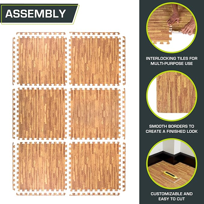 ProsourceFit Wood Grain Puzzle Mat 1/2-in, 6 EVA Foam Interlocking Floor Tiles (24SQ FT) for Secure Indoor Room Workout Flooring and Playmat, Dark Oak