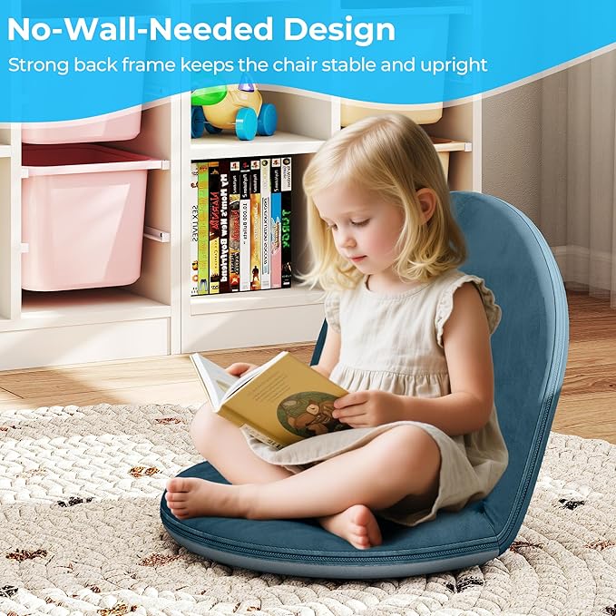Floor Chair, 5-Position Foldable Floor Chair for Kids with Adjustable Back, Soft Sponge & Velvetean Cover, for Adults and Kids, Indoor Outdoor Use, Meditation, Gaming, Camping(Blue)
