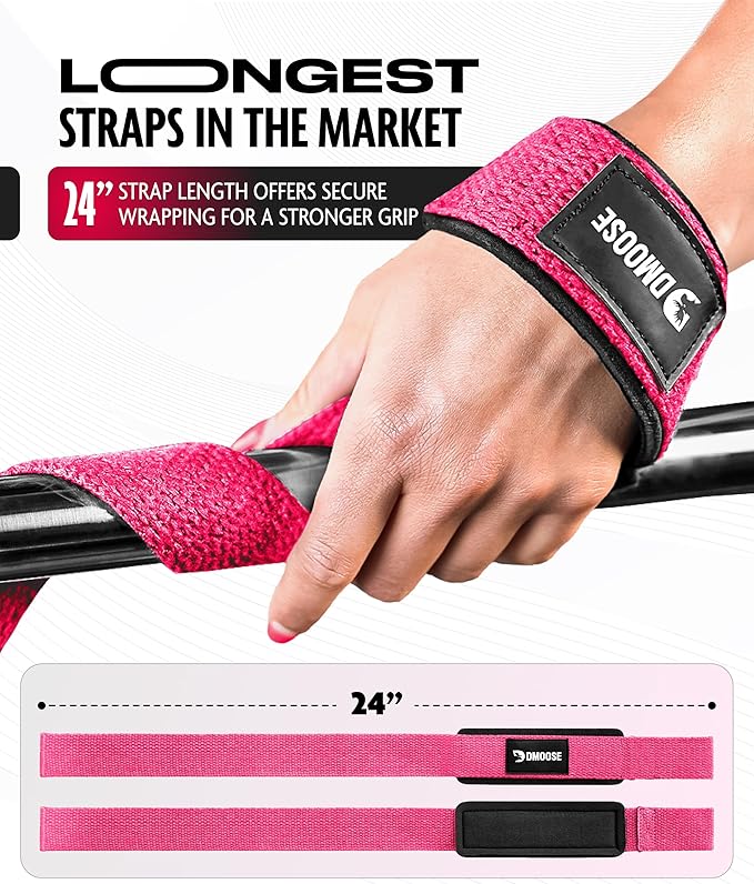 DMoose Fitness Lifting Straps 24" (Pair) - 5mm Padded Durable Wrist Straps for Weightlifting & Powerlifting - Cotton Lifting Strap with Silicone Grip for Men & Women - Deadlift Strap for Gym Workout