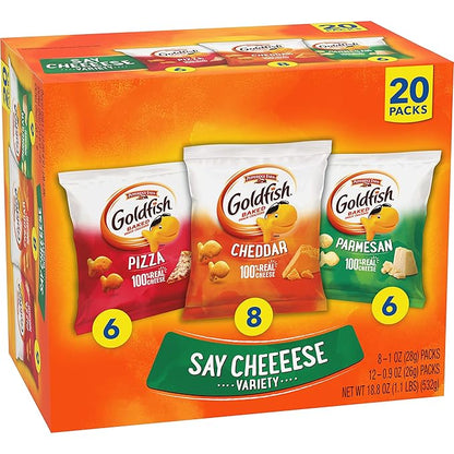 Goldfish Crackers Say Cheeeese Variety Pack with Cheddar, Pizza and Parmesan, Snack Packs, 20 Ct (Pack of 2)