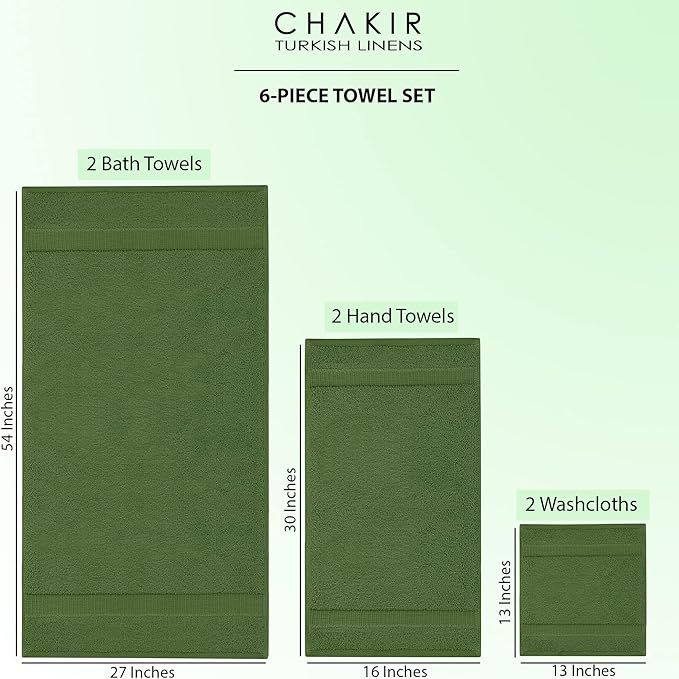 Chakir Turkish Linens 100% Cotton Premium Turkish Towels for Bathroom | 2 Bath Towels - 2 Hand Towels, 2 Washcloths (6-Piece Towel Set, Moss)