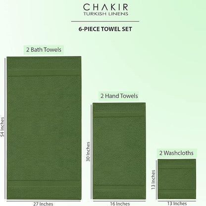 Chakir Turkish Linens 100% Cotton Premium Turkish Towels for Bathroom | 2 Bath Towels - 2 Hand Towels, 2 Washcloths (6-Piece Towel Set, Moss)