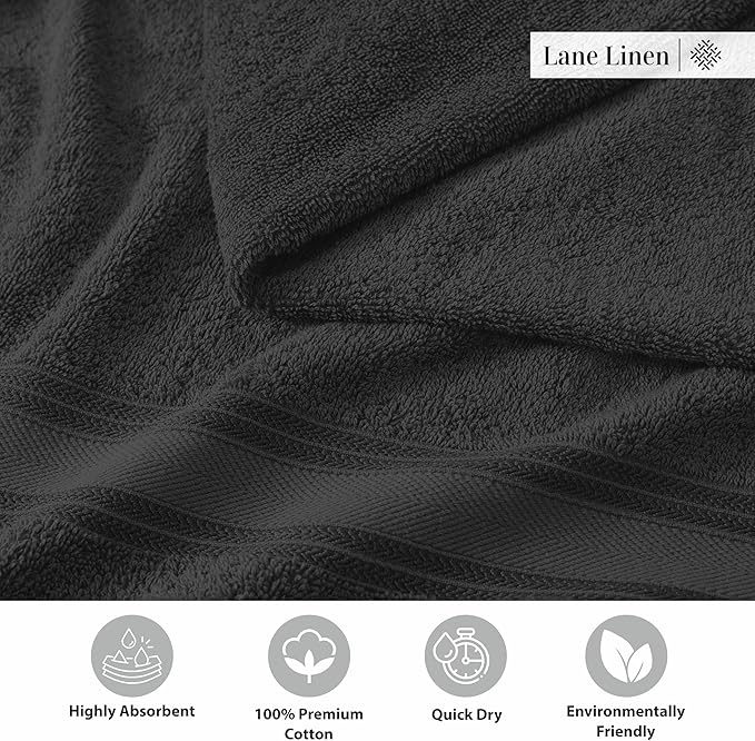 LANE LINEN Luxury Bath Towels Set - 12 Piece Set, 100% Cotton, Zero Twist, Quick Dry Shower Towel, Absorbent Towel, Super Soft, 4 Bath Towels, 4 Hand Towels, 4 Wash Cloths - Black
