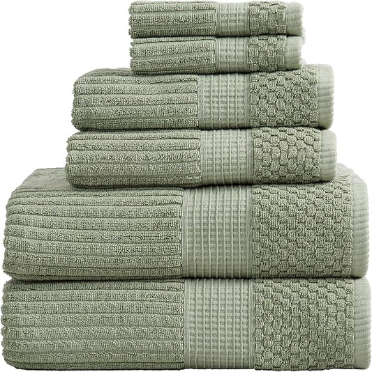 Springtree Home 100% Cotton Towel Set | 6 Piece Set | Super Soft & Absorbent Quick-Dry 2 Bath Towels 2 Hand Towels & 2 Washcloths | Textured and Durable Cotton | Krista Collection - Lily Pad Green