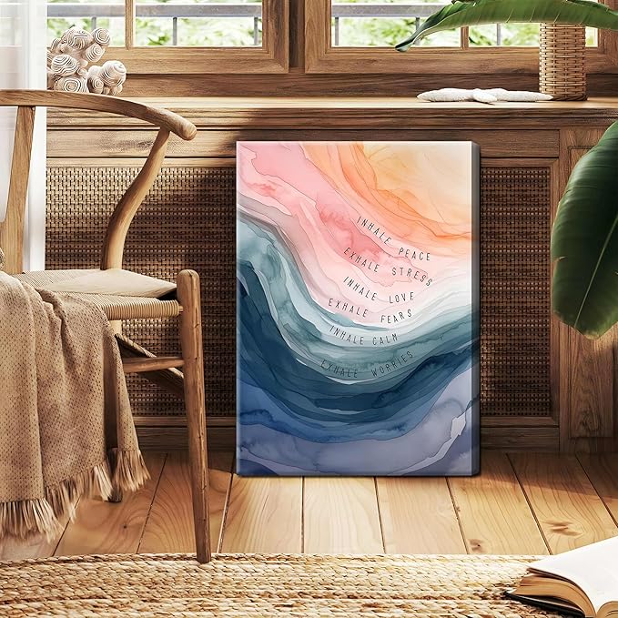 Mental Health Wall Art, Therapy Office Pictures Wall Decor, Inhale Exhale Meditation Art Paintings, Inspirational Canvas Prints, Therapist Artwork for Meditation Room Calming Corner, Framed 12x16 Inch