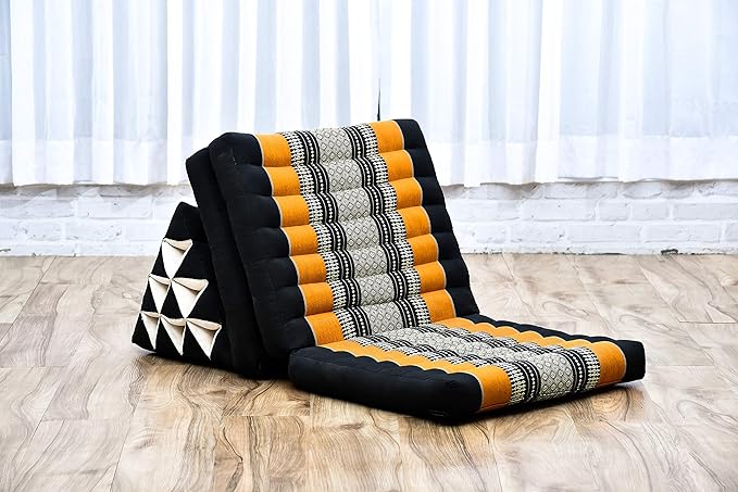 Leewadee 3-Fold Mat with Triangle Cushion – Comfortable TV Pillow, Foldable Mattress with Cushion Made of Eco-Friendly Kapok, 67 x 21 inches, Black Orange