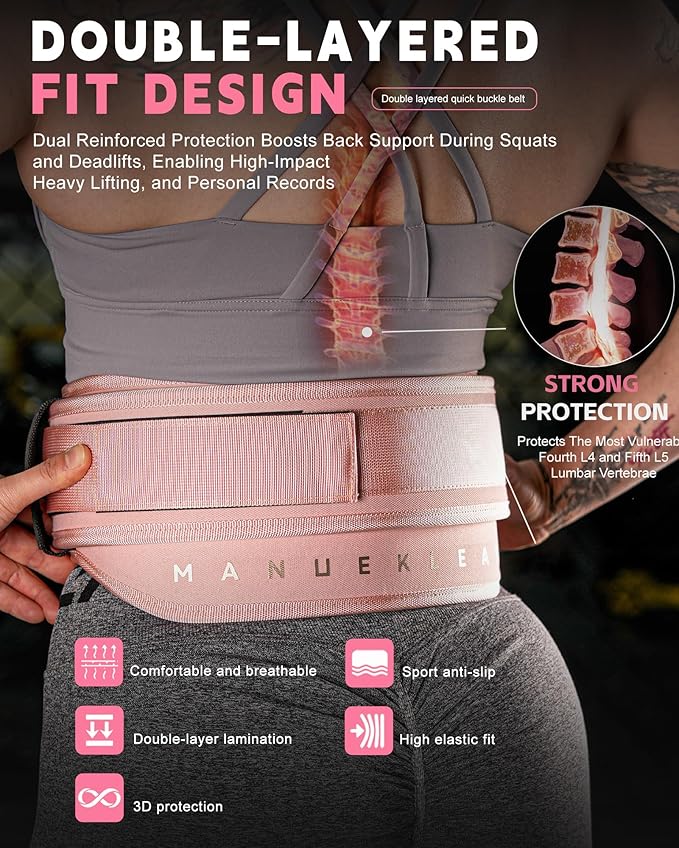 MANUEKLEAR Weight Lifting Belts for Men and Women, Gym Weight Belt with Carabiner Quick Locking, Double-Layer Weightlifting Belt for Workout Squat Powerlifting Deadlift