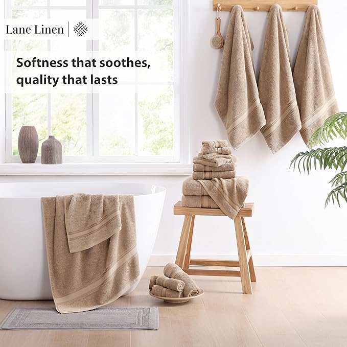 LANE LINEN 100% Cotton 18 Piece Bath Towel Set - Zero Twist, Quick Dry, Highly Soft & Absorbent - 6 Bath, 6 Washcloths, 6 Hand Towels - Oeko Tex Certified Hotel Quality Bathroom Towel Set - Taupe