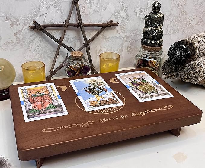 Altar Table, Meditation Table, Small Altar Table, Wooden Witch Altar, Wiccan Alter Table, Buddhist Shrine, Engraved Moon Phase and The Tree of Life on Table Top, 12 × 8 inches