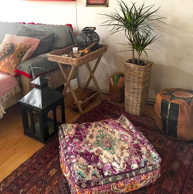 Mandala Life ART Moroccan Floor Cushion Cover Purple Square Large Meditation Pillow Case Moroccan Décor Pouf Ottoman Perfect for Living Room, Bedroom, Nursary or Children Room unstuffed
