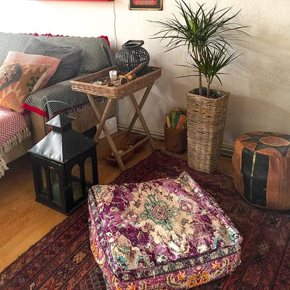 Mandala Life ART Moroccan Floor Cushion Cover Purple Square Large Meditation Pillow Case Moroccan Décor Pouf Ottoman Perfect for Living Room, Bedroom, Nursary or Children Room unstuffed