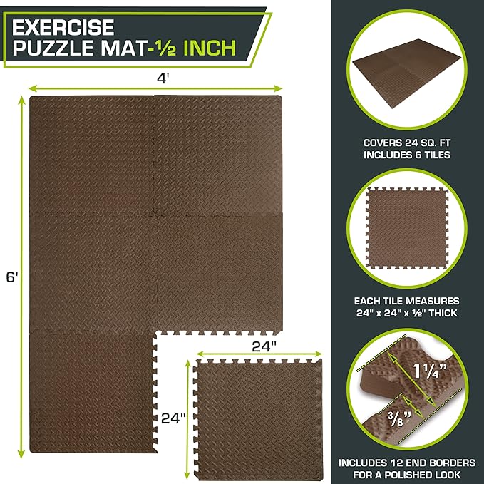 ProsourceFit Puzzle Exercise Mat ½ in, EVA Interlocking Foam Floor Tiles for Home Gym, Mat for Home Workout Equipment, Floor Padding for Kids