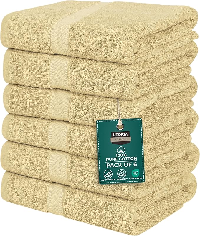 Utopia Towels 6 Pack Medium Bath Towel Set, 24 by 48 Inches, 500 GSM 100% Ring Spun Cotton, Lightweight and Highly Absorbent Quick Drying Premium Towels for Hotel, Spa and Bathroom, Beige