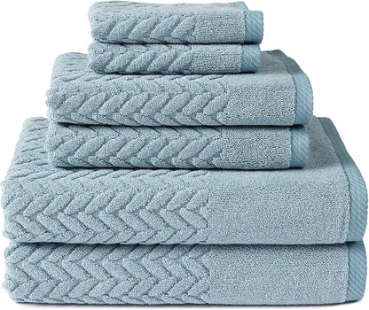 Texere 100% Organic Cotton Jacquard 650 GSM Premium Bath Towel Sets - Extra Absorbent Quick Dry and Plush, 2 Large Bath Towels, 2 Hand Towels, 2 Washcloths (Cable, Smoke Blue, 6 Piece)