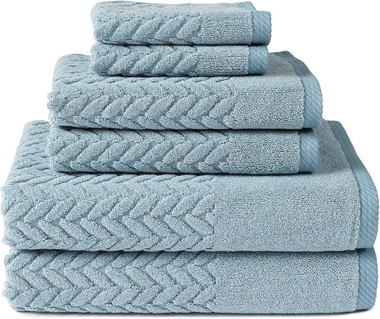 Texere 100% Organic Cotton Jacquard 650 GSM Premium Bath Towel Sets - Extra Absorbent Quick Dry and Plush, 2 Large Bath Towels, 2 Hand Towels, 2 Washcloths (Cable, Smoke Blue, 6 Piece)