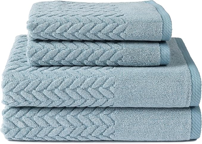 Texere 100% Organic Cotton Jacquard 650 GSM Premium Bath Towel Sets - Extra Absorbent Quick Dry and Plush (Cable, Smoke Blue, 2 Bath & 2 Hand Towels)