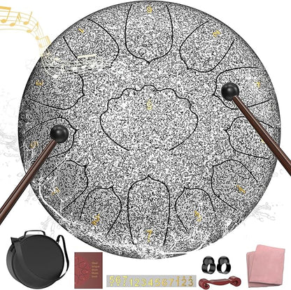 D Major Steel Tongue Drum Handpan, 12 Inch 13 Note Rain Drum for Outside Garden, Meditation Rain Chime, Musical Percussion Instrument for Adult Gift with Bag, Music Book, Drum Mallets (Star Sliver)