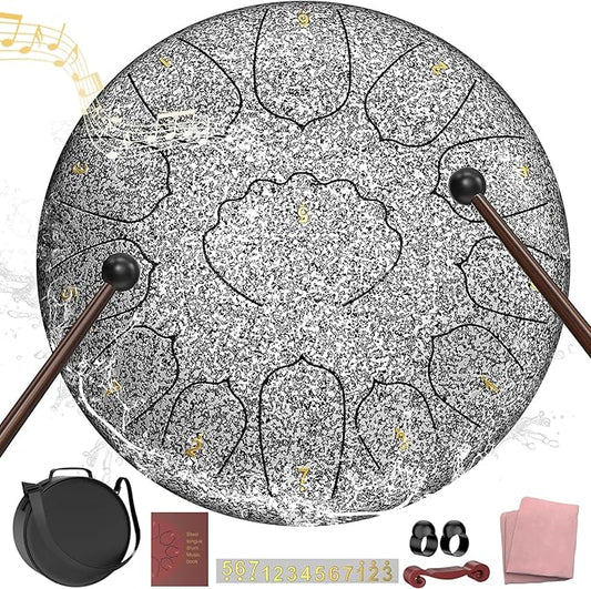 D Major Steel Tongue Drum Handpan, 12 Inch 13 Note Rain Drum for Outside Garden, Meditation Rain Chime, Musical Percussion Instrument for Adult Gift with Bag, Music Book, Drum Mallets (Star Sliver)