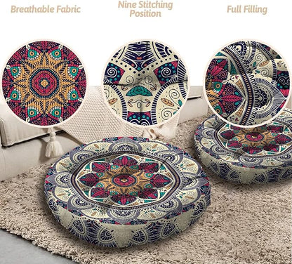 Mandala Meditation Cushion, Boho Meditation Mat, Meditation Pillows for Sitting on Floor, Cushions for Sitting in Home and Outdoor, Round Floor Pillows Cushion Seating for Yoga 22'' X 22''