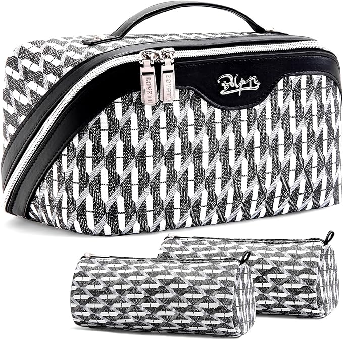 BOYATU Travel Makeup Bags for Women: Large Capacity Cosmetic Bag Set of 3 - Vegan Leather Make up Bags with Compartments - Wide Open Waterproof Toiletry Organizer Bag with Handle (E-04-Black)