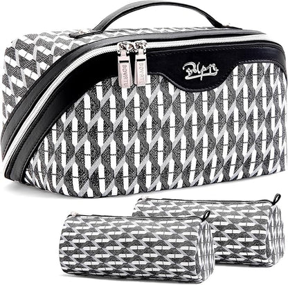 BOYATU Travel Makeup Bags for Women: Large Capacity Cosmetic Bag Set of 3 - Vegan Leather Make up Bags with Compartments - Wide Open Waterproof Toiletry Organizer Bag with Handle (E-04-Black)