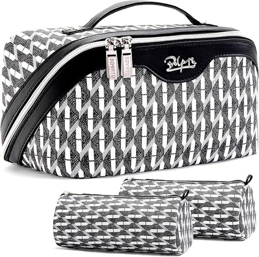 BOYATU Travel Makeup Bags for Women: Large Capacity Cosmetic Bag Set of 3 - Vegan Leather Make up Bags with Compartments - Wide Open Waterproof Toiletry Organizer Bag with Handle (E-04-Black)