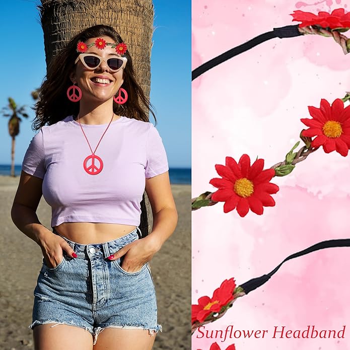 choice of all Peace Sign Necklace Earrings Sunflower Headband Set for Women 60s 70s Outfits Hip Hop Hippie Jewelry Halloween Costume Accessories