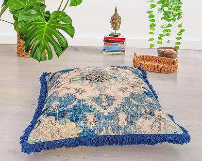 Mandala Life ART Square Meditation Pillow Cover with Fringes - 26 inches - Printed Blue Cotton Boho Chic Cushion Case