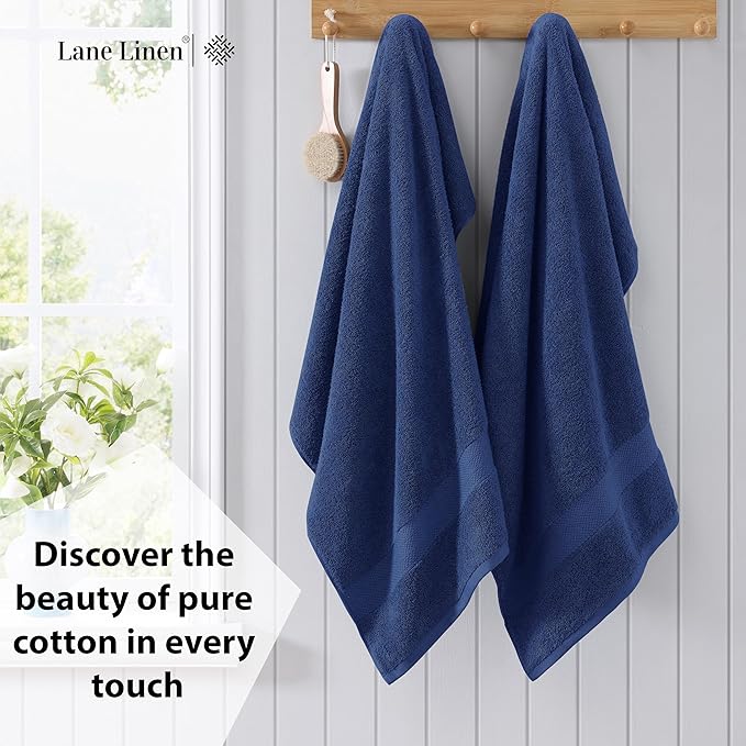 LANE LINEN 100% Cotton 4 Pack Bath Towels (28"x54") - Ring Spun Mercerized Cotton Towels Set for Bathroom - Quick Dry, Soft & Absorbent Large Bath Towel Set - Dorm Essentials for Boys - Navy Blue