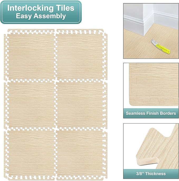 Sorbus Wood Grain Floor Tiles Foam Mat EVA Interlocking Mats Tile 3/8-Inch Thick Flooring Wood Puzzle Exercise Mats w/Borders - Home Playroom Basement, Apartment, Trade Show, Baby, Dance