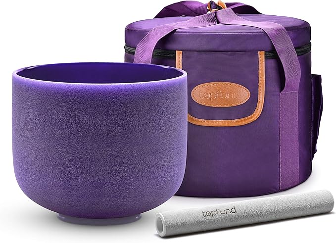 TOPFUND 440 Hz Violet B Note Crystal Singing Bowl Crown Chakra 8 Inch with Heavy Duty Carrying Case and Suede Mallet