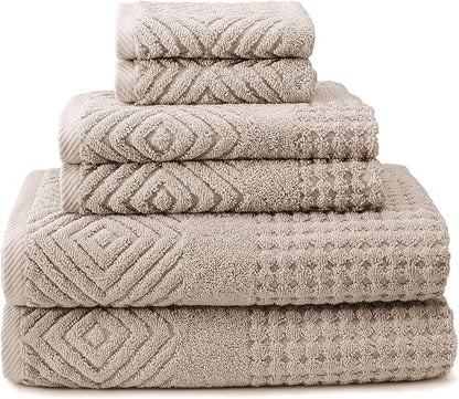 Texere 100% Organic Cotton Diamond Jacquard 700 GSM Luxury Bath Towel Sets - 2 Large Bath Towels, 2 Hand Towels, 2 Washcloths (Diamond, Oxford Tan, 6 Piece)