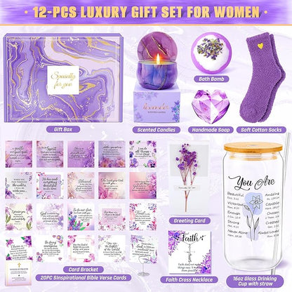 Christian Gifts For Women Faith - Inspirational Religious Birthday Gifts, Purple Spiritual Baptism Baskets For Mom, Grandma, Wife, Mothers, Best Friend, Sister,Catholic&Encouragement Birthday Baskets