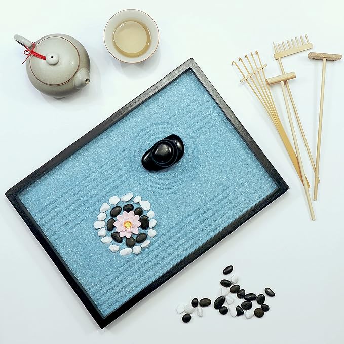Oasis of Calm Zen Garden Kit. 11x8 Inch Beautiful Premium Japanese Decor Mini Meditation Gifts Set. Home, Office Desk Accessories. Zen Decor Sand Garden. Aqua Blue Sand, 6 Tools, 6 Features incl rocks