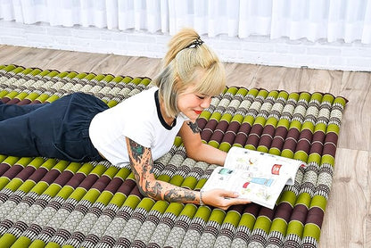 Leewadee - Foldable Floor Mattress - Japanese Roll Up Futon -Trifold Tatami Mat- Guest Floor Bed - Camping Mattress - Thai Massage Mat, Kapok Filled, 75 x 57 inches, Brown Green