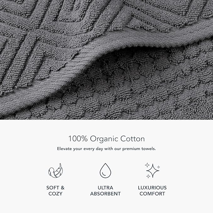 Texere 100% Organic Cotton Diamond Jacquard 700 GSM Luxury Bath Towel Sets - Ultra Soft and Absorbent Hotel and Spa Quality (Diamond, Charcoal, 2 Hand & 2 Face Towels)