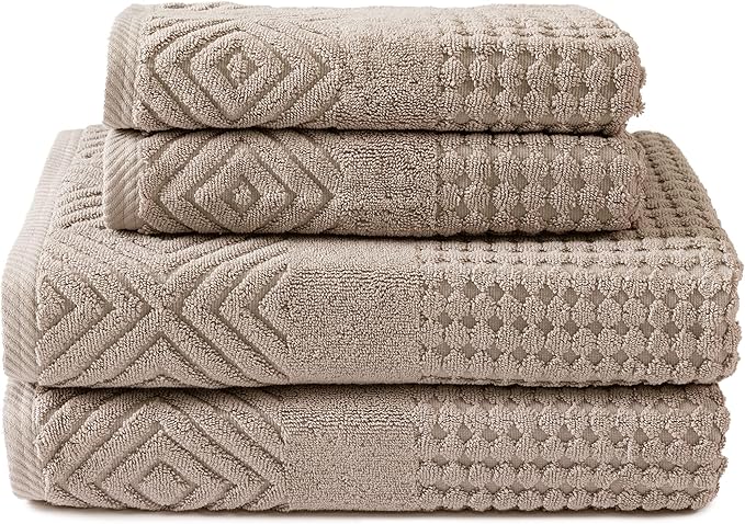 Texere 100% Organic Cotton Diamond Jacquard 700 GSM Luxury Bath Towel Sets - Ultra Soft and Absorbent Hotel and Spa Quality (Diamond, Oxford Tan, 2 Bath & 2 Hand Towels)
