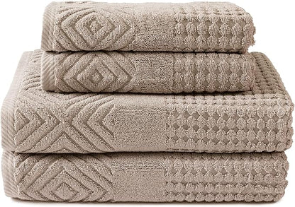 Texere 100% Organic Cotton Diamond Jacquard 700 GSM Luxury Bath Towel Sets - Ultra Soft and Absorbent Hotel and Spa Quality (Diamond, Oxford Tan, 2 Bath & 2 Hand Towels)