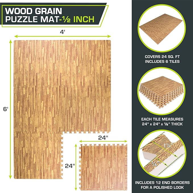 ProsourceFit Wood Grain Puzzle Mat 1/2-in, 6 EVA Foam Interlocking Floor Tiles (24SQ FT) for Secure Indoor Room Workout Flooring and Playmat, Dark Oak