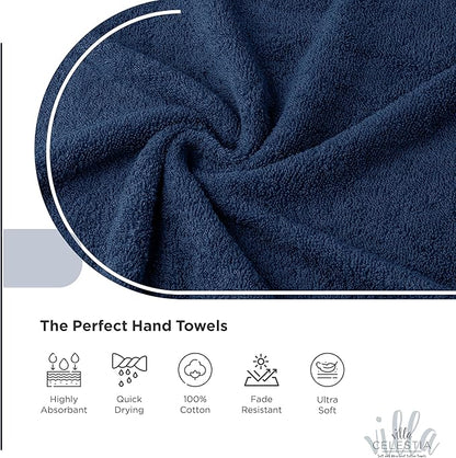 100% Cotton Hand Towel Set of 4, (16 x 28 inches) Sustainable, Soft, Highly Absorbent, Quick Drying, Combed Cotton Hand Towels Pack of 4 Ideal for Hotels, Spa, Bathroom, Dorm, Navy Blue