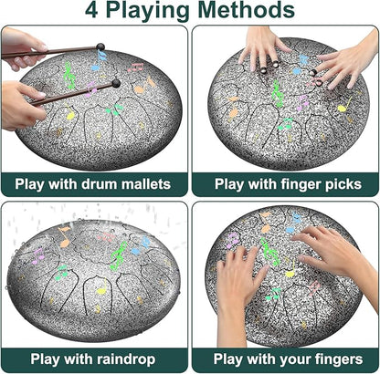 D Major Steel Tongue Drum Handpan, 12 Inch 13 Note Rain Drum for Outside Garden, Meditation Rain Chime, Musical Percussion Instrument for Adult Gift with Bag, Music Book, Drum Mallets (Star Sliver)