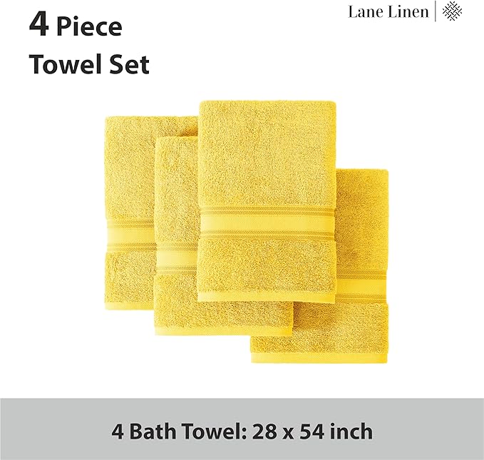 LANE LINEN 100% Cotton Bath Towels Pack of 4 (28"x54") - Zero Twist, Mercerized Cotton Bathroom Towel Set - Quick Dry, Extra Soft & Absorbent Yellow Bath Towels - Suitable for All Skin Type - Mimosa