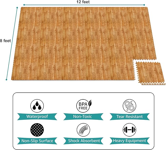 Sorbus Wood Grain Floor Tiles Foam Mat EVA Interlocking Mats Tile 3/8-Inch Thick Flooring Wood Puzzle Exercise Mats w/Borders - Home Playroom Basement, Apartment, Trade Show, Baby, Dance