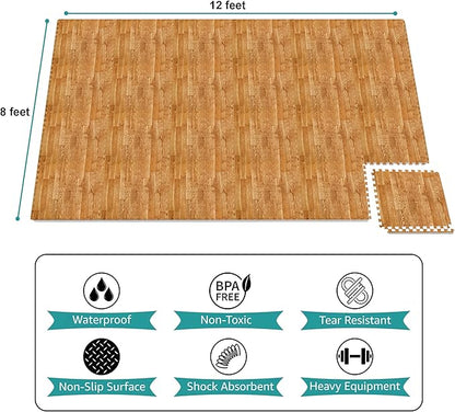 Sorbus Wood Grain Floor Tiles Foam Mat EVA Interlocking Mats Tile 3/8-Inch Thick Flooring Wood Puzzle Exercise Mats w/Borders - Home Playroom Basement, Apartment, Trade Show, Baby, Dance