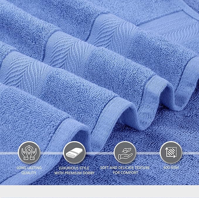 Oakias Premium Towel Set 600 GSM 8 Piece Blue - 100% Ring Spun Cotton Highly Absorbent Towels Set - Super Soft Bathroom Towel Set - Hotel Quality Double Stitched Hem - Ideal for Hotels, Spa, Gyms