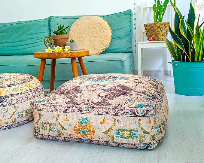 Mandala Life ART Boho Floor Cushion Cover Gray Square Moroccan Pouf Ottoman Pillow for Meditation Yoga and Boho Chic Low Seating Area Cotton 24x8 Unstuffed