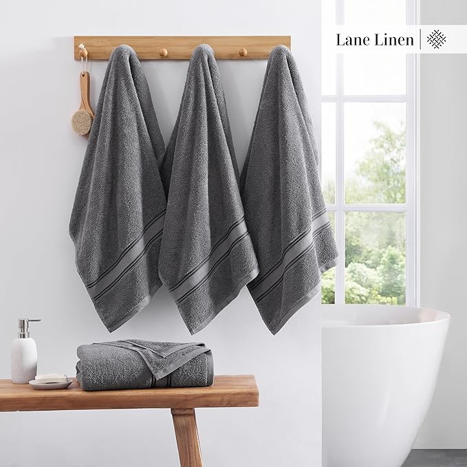 LANE LINEN 100% Cotton 4 Pack Bath Towels Set (30"x60") - Zero Twist, Large Cotton Towels for Bathroom - Quick Dry, Soft & Absorbent Bath Towel Set - Remains Soft After Multiple Washes - Cool Grey