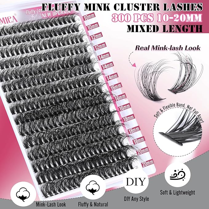 Yawamica Fluffier Eyelash Extension Kit Mink Lash Clusters 300pcs Individual Lashes Kit 50D Volume 10-20mm Lash Extension Kit with Bond and Seal and Lash Remover and Lash Tools DIY Lash Kit