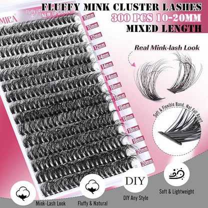 Yawamica Fluffier Eyelash Extension Kit Mink Lash Clusters 300pcs Individual Lashes Kit 50D Volume 10-20mm Lash Extension Kit with Bond and Seal and Lash Remover and Lash Tools DIY Lash Kit